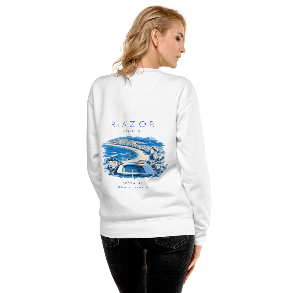 Sudadera Riazor blanca de Costa 43, puesta, de espaldas