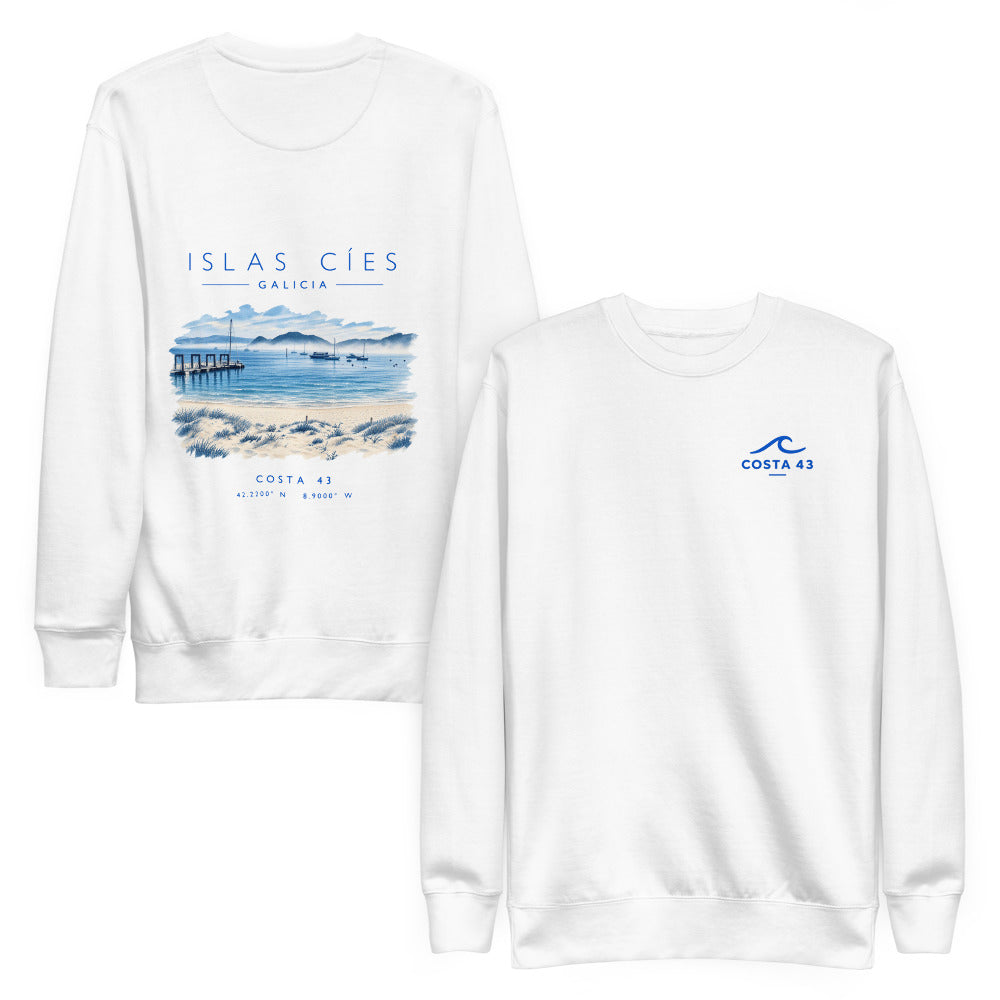 Sudadera Islas Cíes blanca de Costa 43, delante y detrás