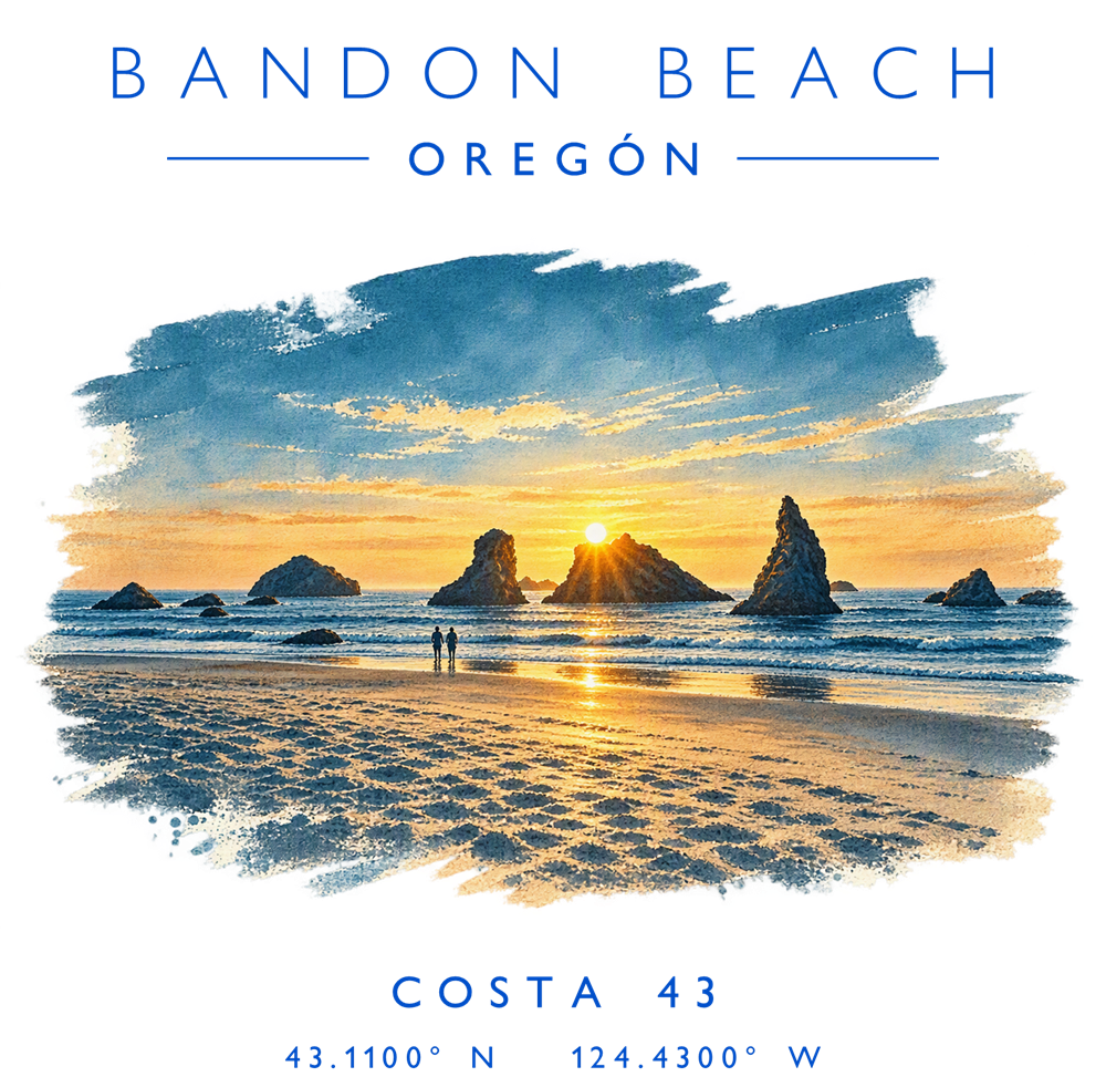 Estampado de Bandon Beach: nombre, atardecer a color entre las rocas y coordenadas