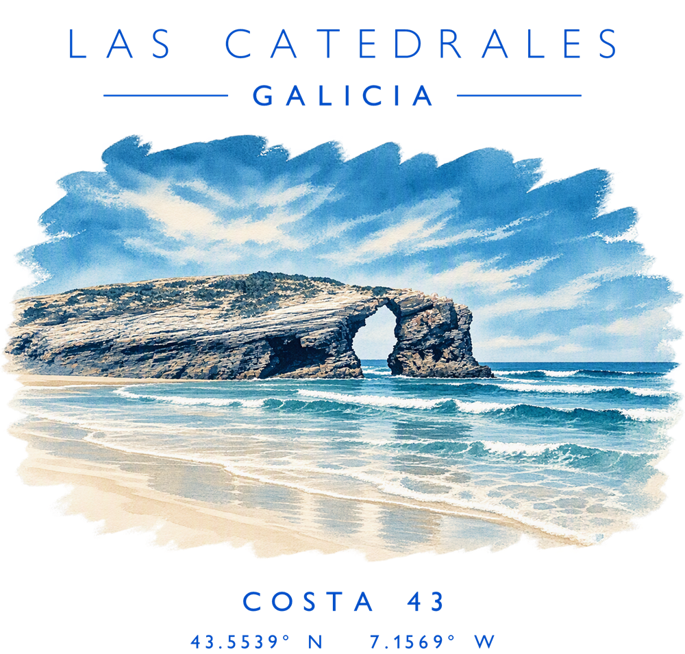 Estampado de Las Catedrales: nombre, el arco de roca sobre la playa a color y coordenadas