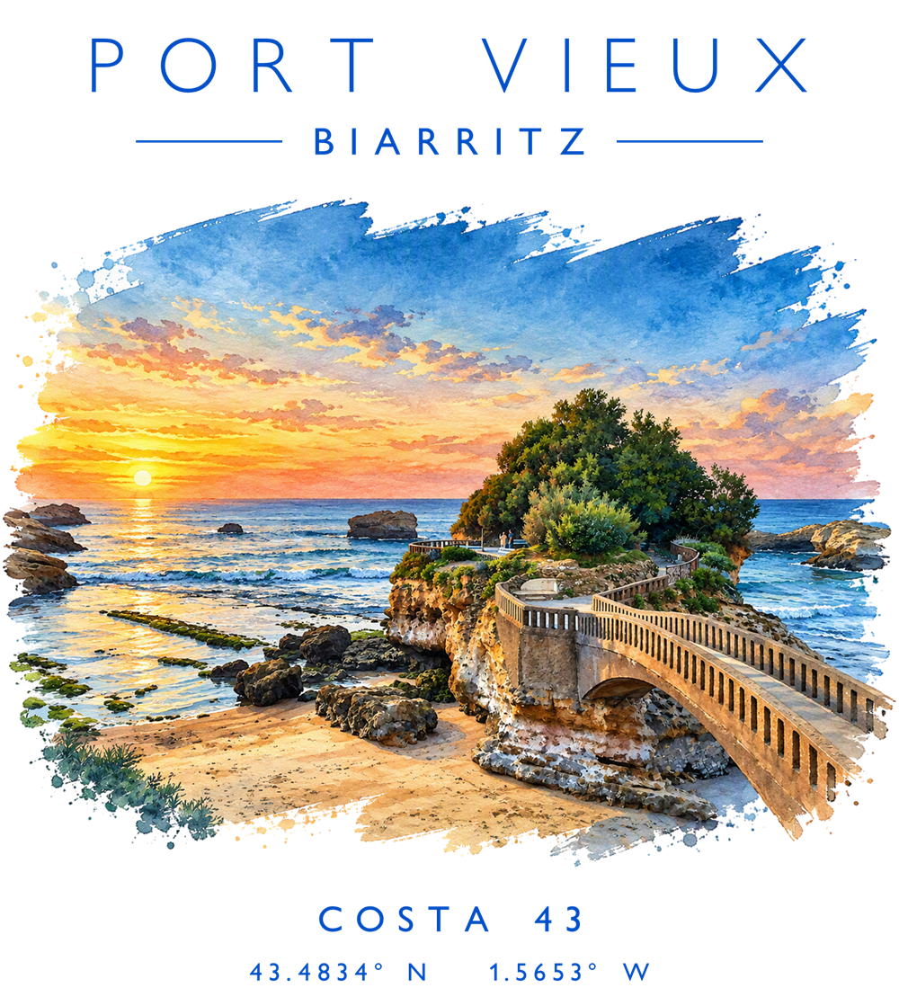 Estampado de Port Vieux: nombre, atardecer a color sobre la cala de Biarritz y coordenadas