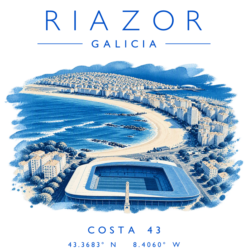 Estampado azul de la camiseta Riazor: nombre, grabado de la playa y el estadio, y coordenadas